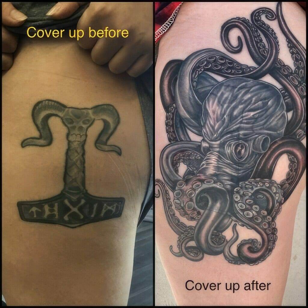 Image shows a side-by-side comparison of tattoos on a person's thigh. The left is a Thor's hammer tattoo marked "Cover up before," and the right shows a detailed octopus tattoo labeled "Cover up after.