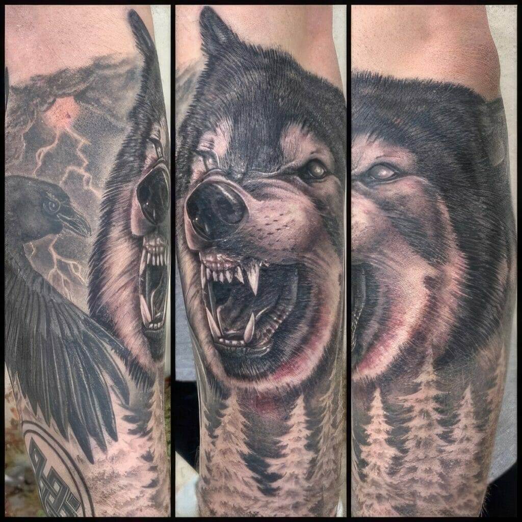 Close-up of a tattoo in three parts: left shows a howling wolf and crow, center shows a snarling wolf, and right shows the snarling wolf with surrounding forest detail.