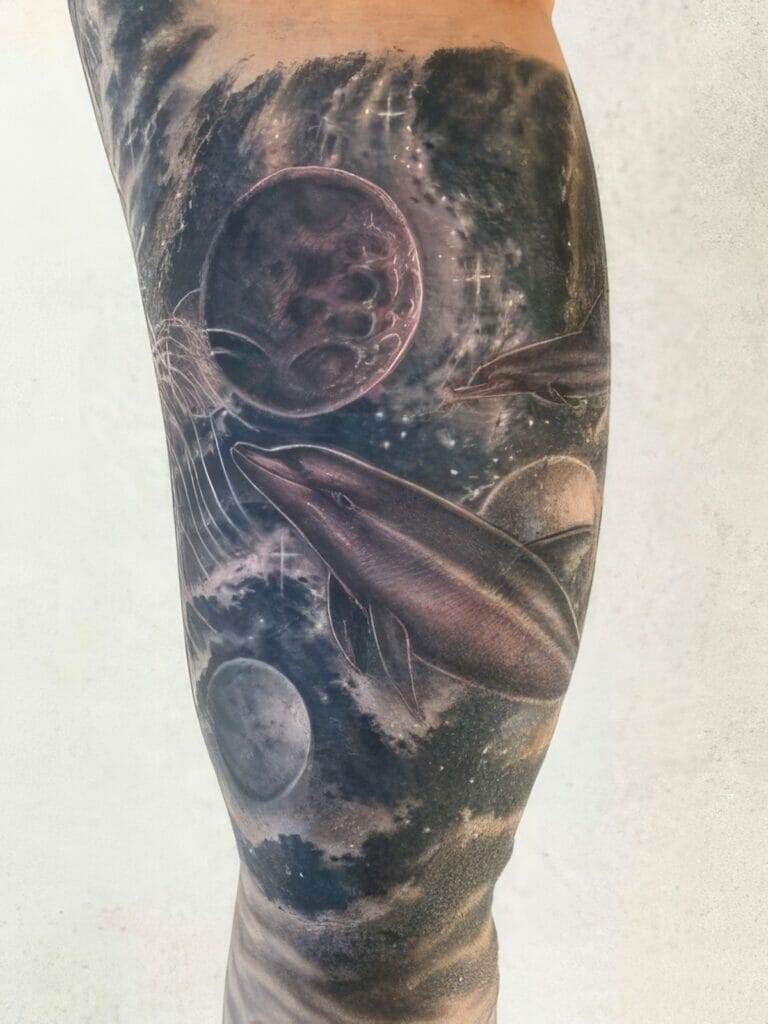 A detailed leg tattoo featuring dolphins swimming through a cosmic space scene with planets and stars.