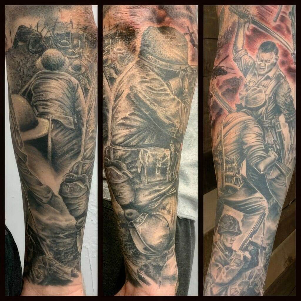 Three-panel tattoo of soldiers in combat scenes, featuring detailed depictions of soldiers in helmets and uniforms engaging in intense fighting. The artwork showcases both close-up and action-packed moments.