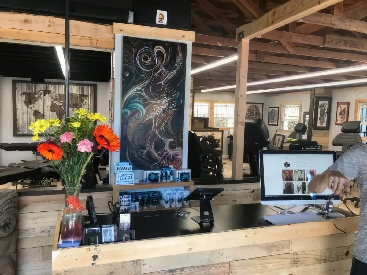 A wooden reception desk with a computer, a vase of flowers, and promotional materials is in a modern tattoo studio with artwork on the walls in the background.