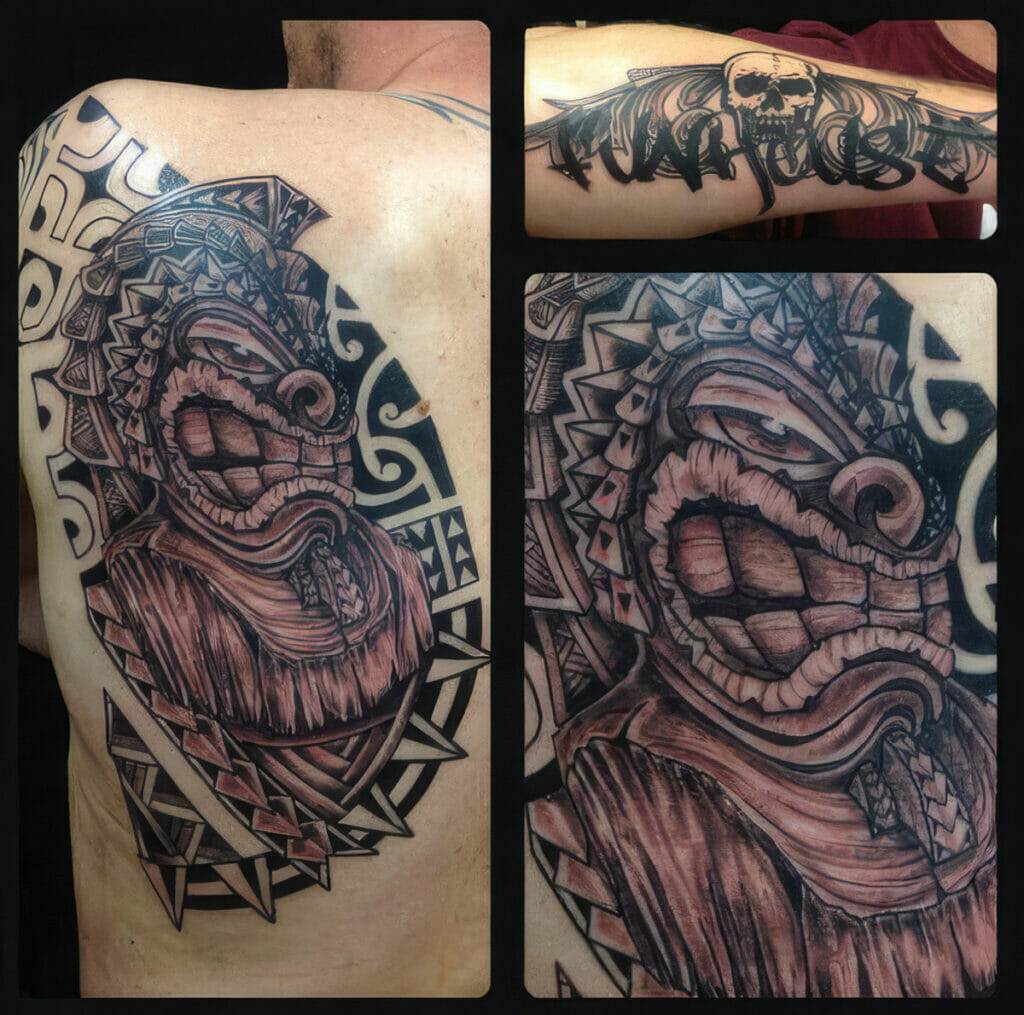 Collage of tribal-style tattoos featuring a large shoulder piece with an intricate mask design and a separate arm tattoo with a skull and decorative elements.