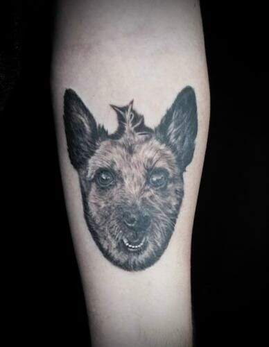 Tattoo of a dog's face on a person's forearm against a black background.