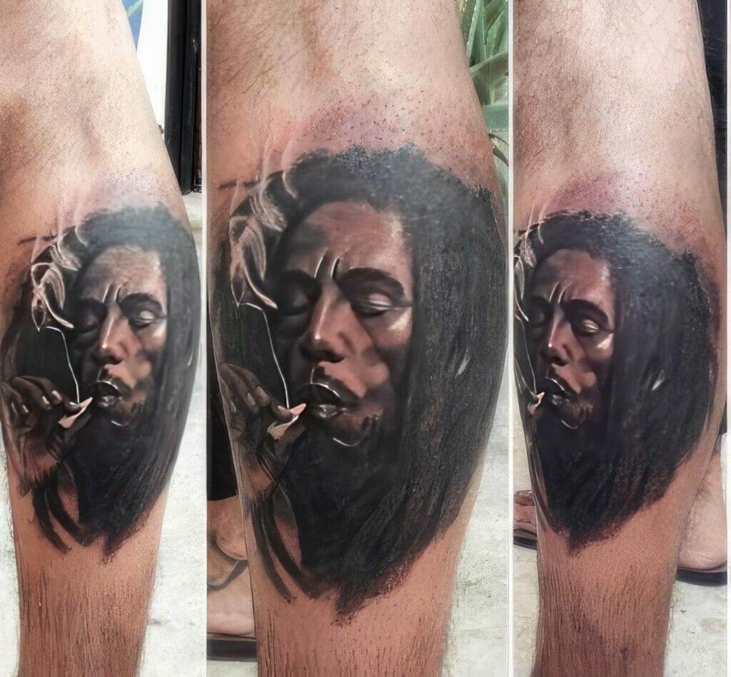 A tattoo of a person with closed eyes, long hair, and smoking a cigarette is shown on a leg from different angles.