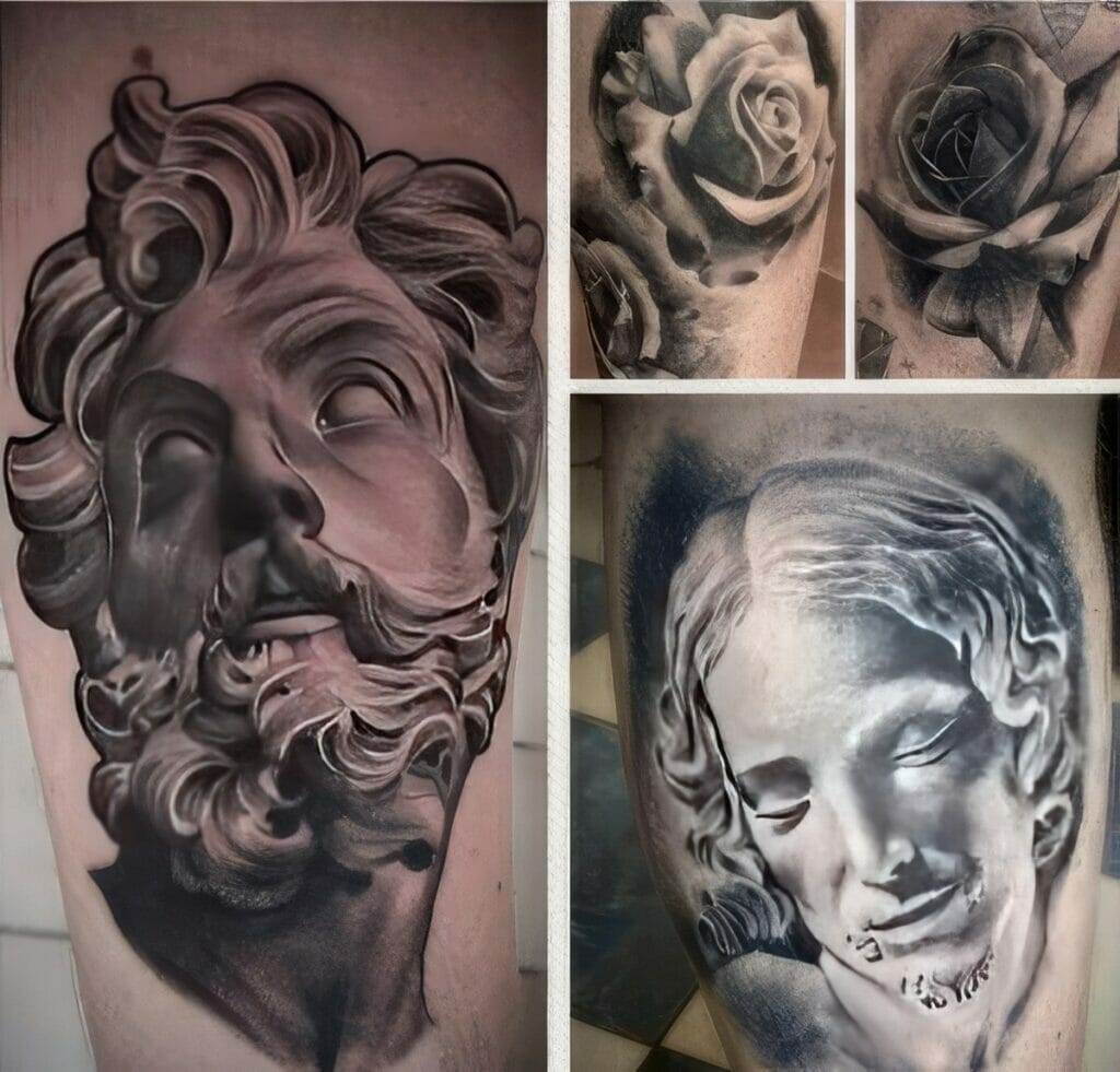 Tattoo collage featuring a classical marble statue face, two grayscale roses, and a serene female face with flowing hair.