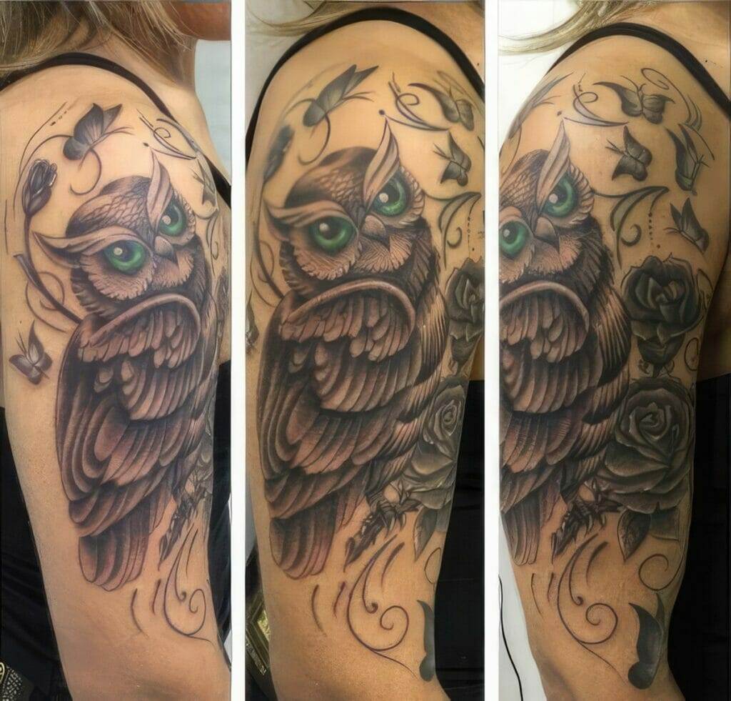 A three-panel view shows a detailed arm tattoo of an owl with green eyes among roses and butterflies on a person's upper arm.