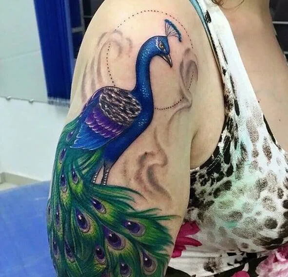 A detailed tattoo of a colorful peacock with its feathers spread is displayed on a person's upper arm.