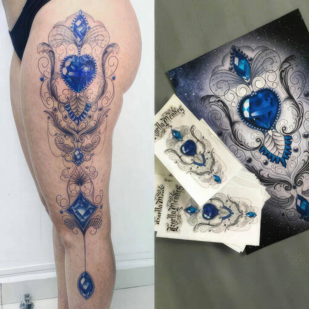 A person's leg with an intricate, temporary tattoo design featuring blue gemstones on the left. On the right, the same design is displayed on paper beside additional design sheets.
