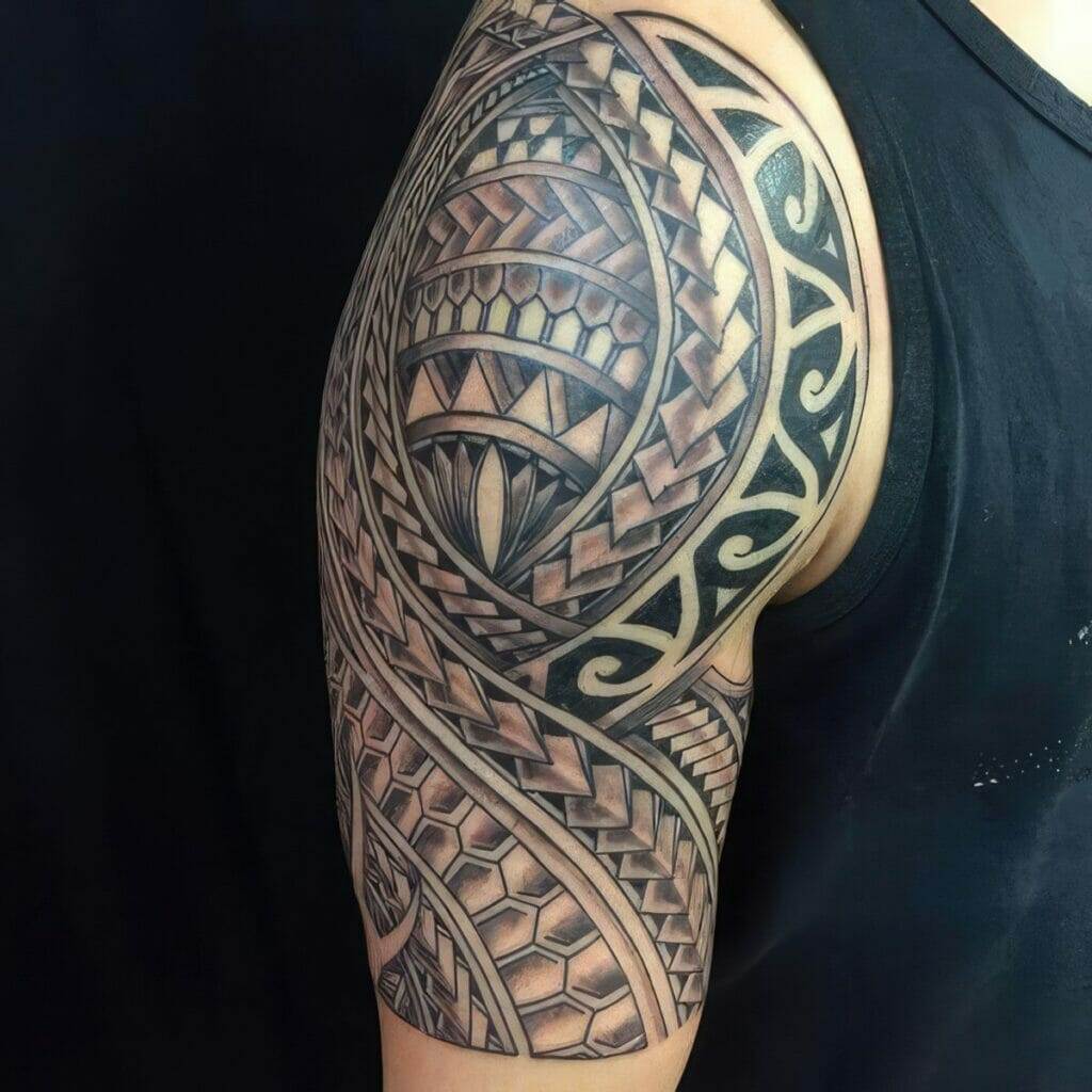 A person's upper arm featuring an intricate black tattoo design with geometric and tribal patterns.