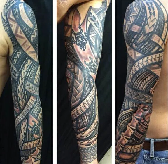 Three different views of an arm sleeve tattoo featuring intricate geometric and tribal patterns in black and gray ink.