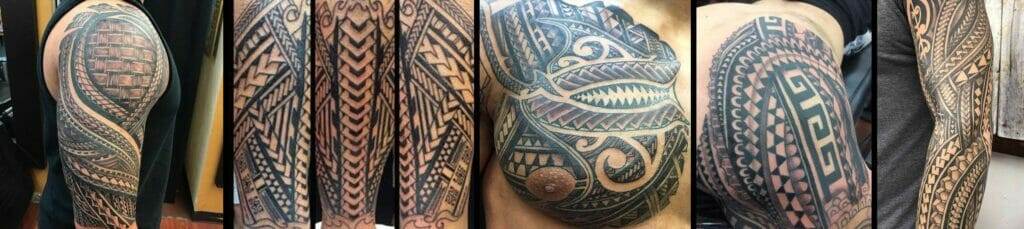 A series of images showcasing intricate, black-ink Polynesian tribal tattoos on different parts of the body, including the shoulder, chest, and upper arm.