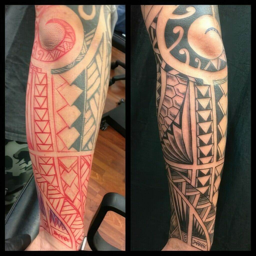 A side-by-side photo of an arm tattoo in progress, with one image showing a partially completed red and black design, and the other image showing the finished black tattoo with intricate patterns.