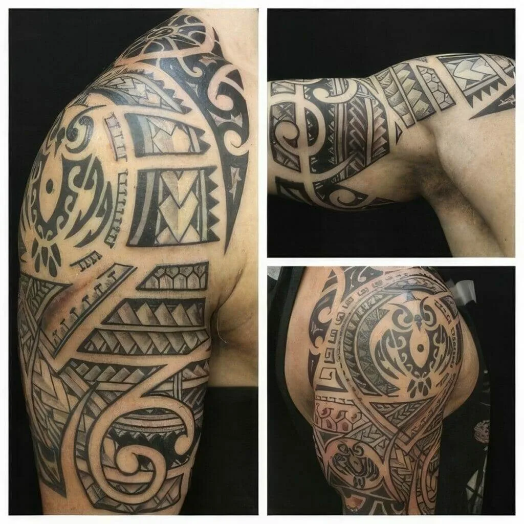 Collage of three images showing intricate tribal-style tattoos on a person's upper arm and shoulder, incorporating geometric shapes and cultural symbols.