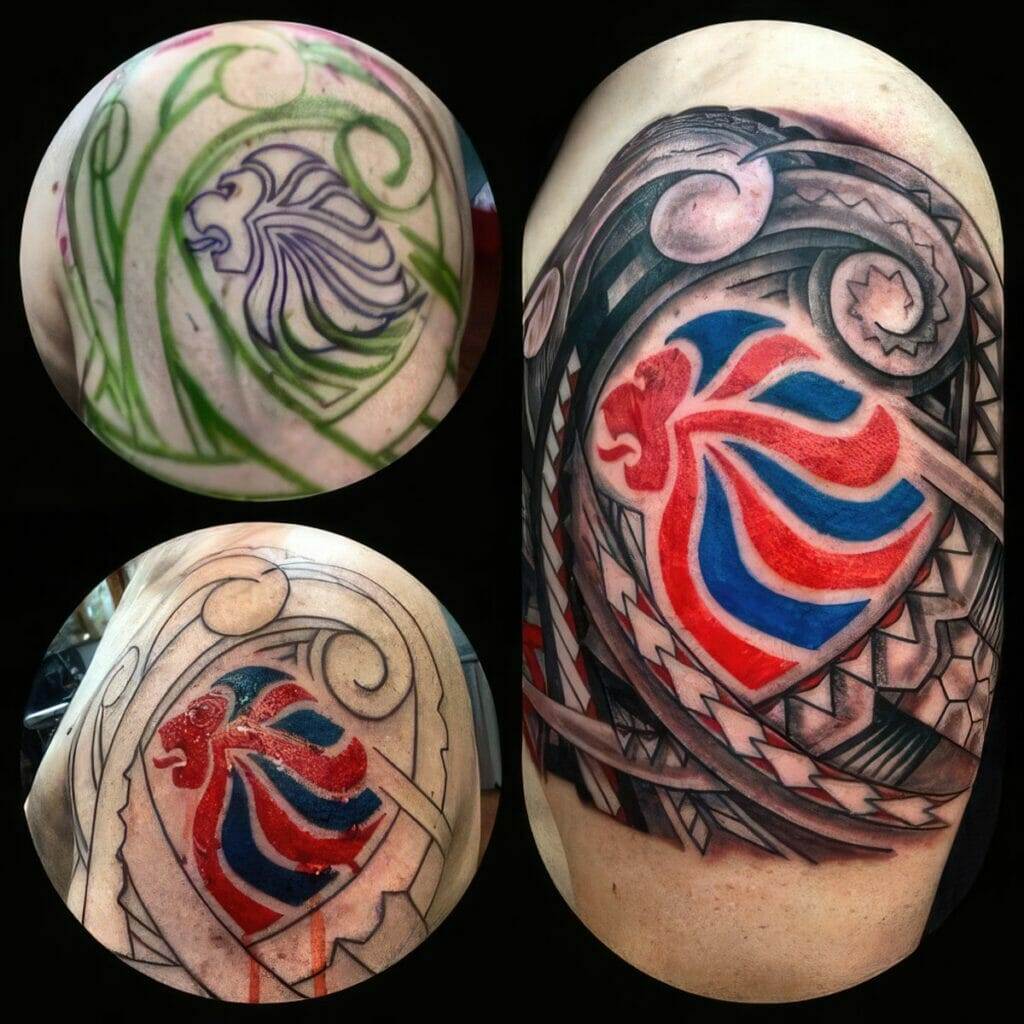 Three stages of a lion tattoo in a shield design on a person's arm: the first shows an outlined sketch, the second a partially colored version, and the third the completed tattoo with intricate details.