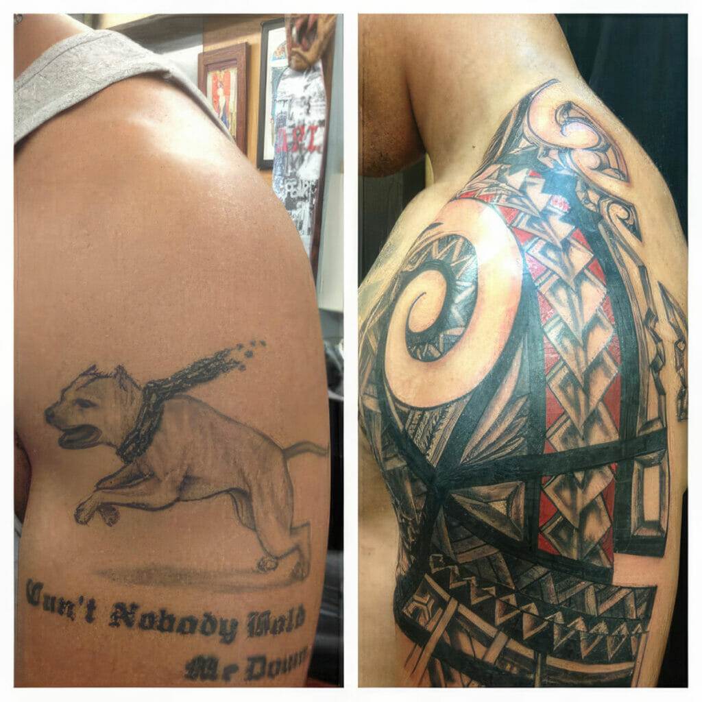 Side-by-side images showing a man's upper arm. The left image has a tattoo of a leashed dog with text below, and the right image features a detailed geometric and tribal tattoo design.
