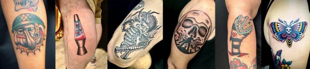 A horizontal collage of six tattoos on different people's arms. Designs include a tiki mask, a lava lamp, a detailed dragon, a skull, a traditional-style snake, and a colorful butterfly.