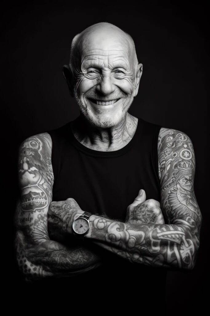 A smiling elderly man with a bald head and a full-sleeve tattoo on both arms, wearing a black sleeveless shirt and a wristwatch, stands with arms crossed against a dark background.