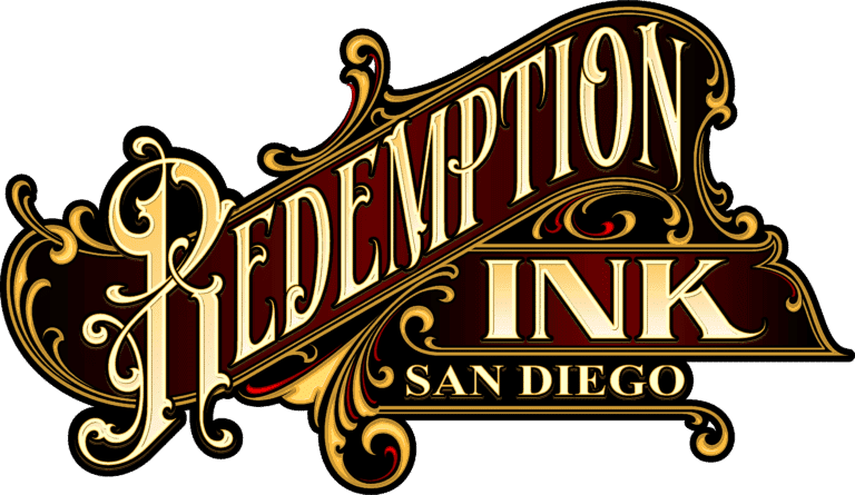 Logo of Redemption Ink San Diego featuring ornate text and decorative flourishes.
