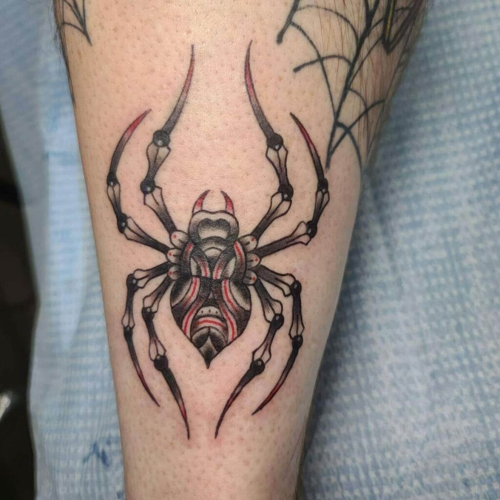 A tattoo of a spider with detailed black, red, and white markings on someone's forearm.
