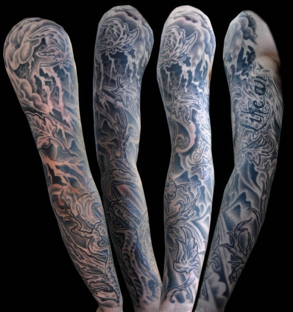 A series of four arms with detailed cloud and wave patterned tattoos on a black background.