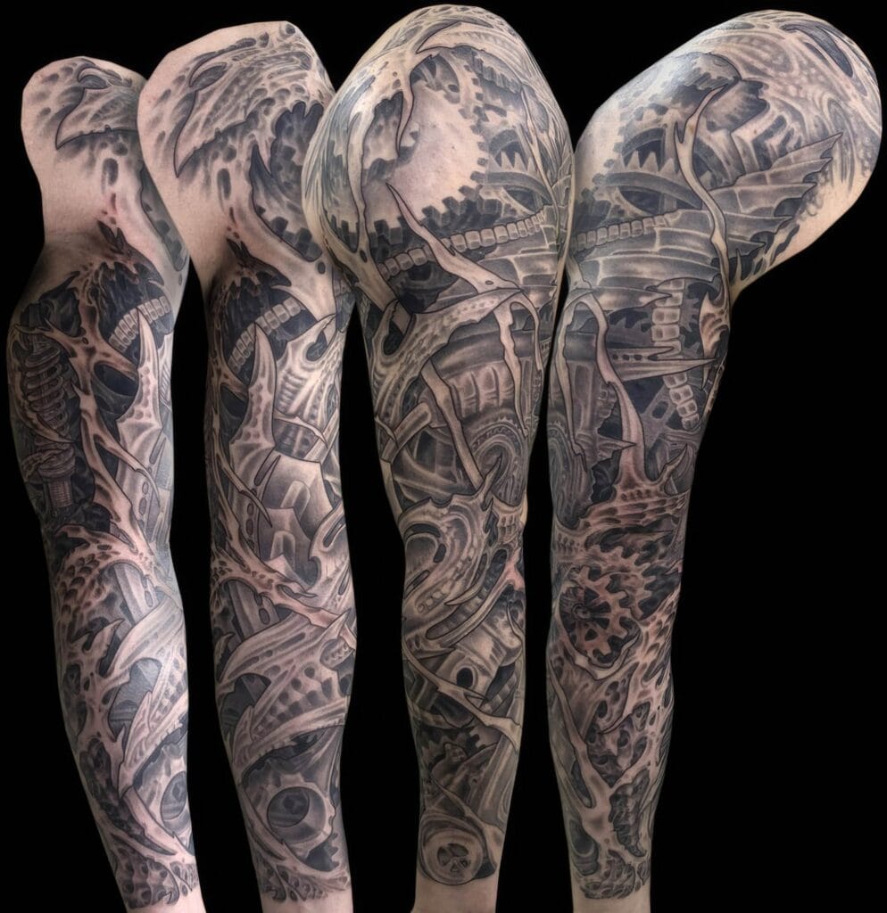 Four separate images showcase an intricately detailed sleeve tattoo in black and gray ink, featuring abstract mechanical and skeletal designs.