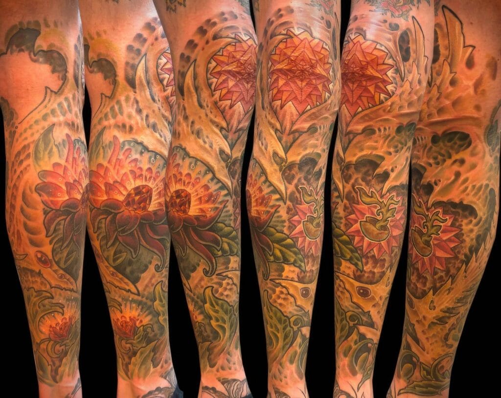 A person's tattooed arm in various angles, showcasing intricate designs including geometric patterns, flowers, and nature-themed elements in vibrant colors.