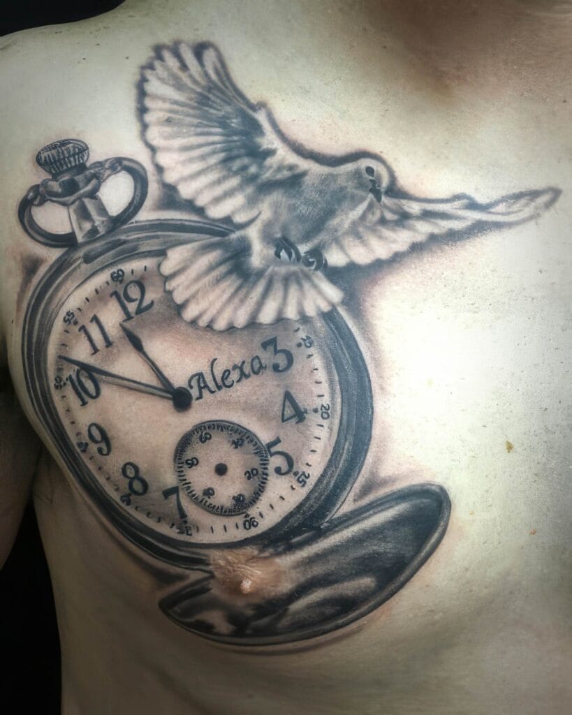A tattoo depicting a pocket watch with the name "Alexa" above the hands, and a dove in flight. The tattoo is on a person's chest.