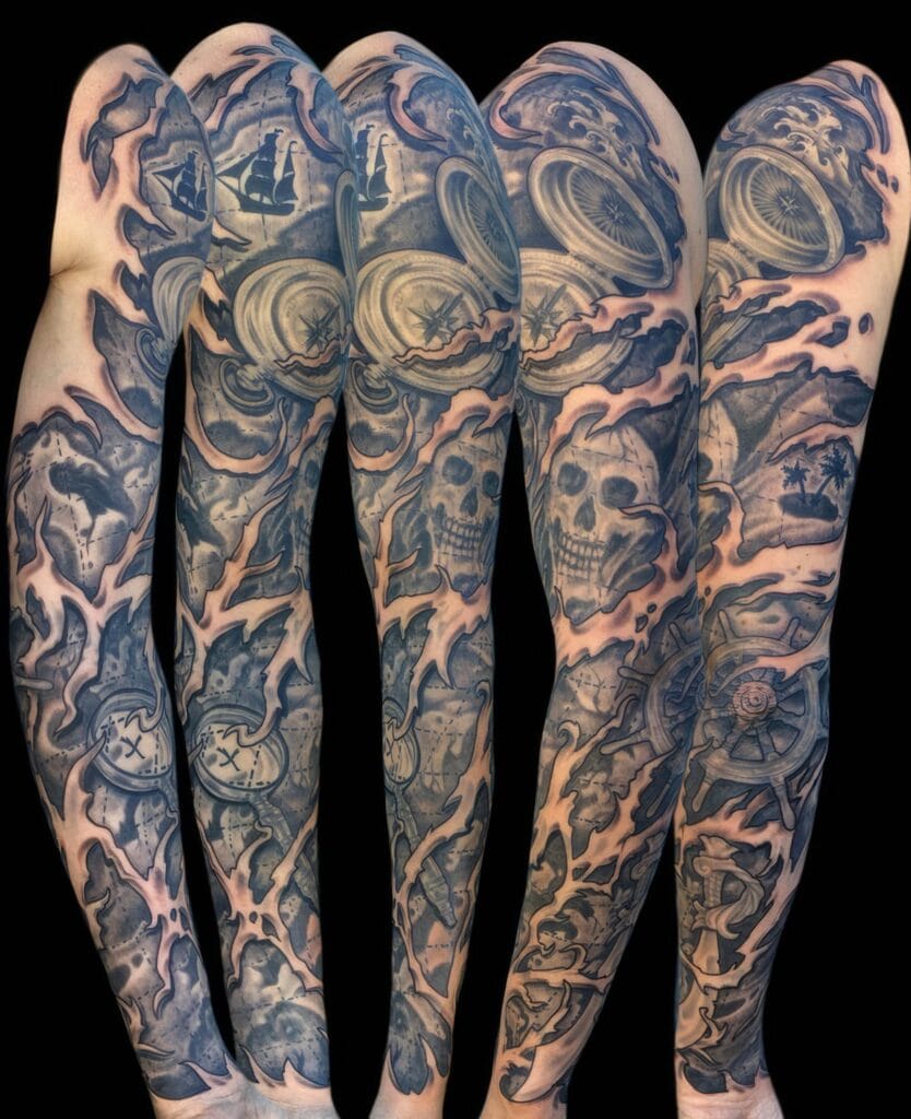 Four arms with detailed black and gray tattoos featuring skulls, compasses, ships, and waves. The tattoos cover the entire length of each arm with intricate designs.
