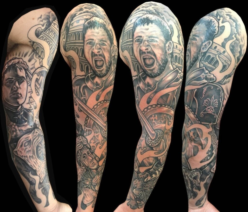A full sleeve tattoo depicting a man in armor with a shouting expression, surrounded by various gladiator-themed imagery including Coliseum structures, weapons, and mythological creatures.