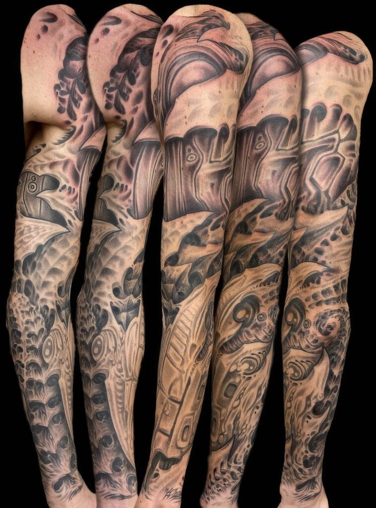 A person's arm is shown from five different angles, displaying a full-sleeve tattoo with intricate, abstract designs in black and gray ink.