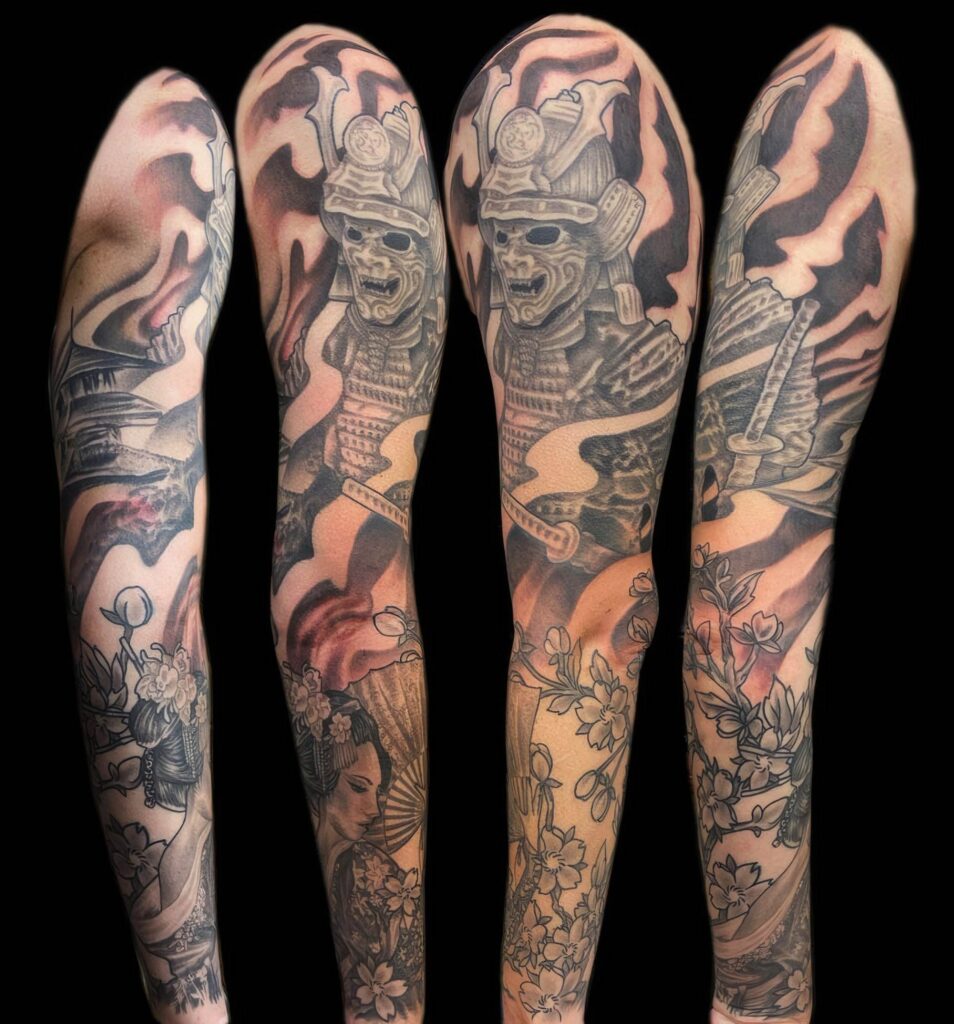 A collage of four arms featuring detailed black and grey tattoos of samurai warriors and geishas, highlighted with red and orange backgrounds.