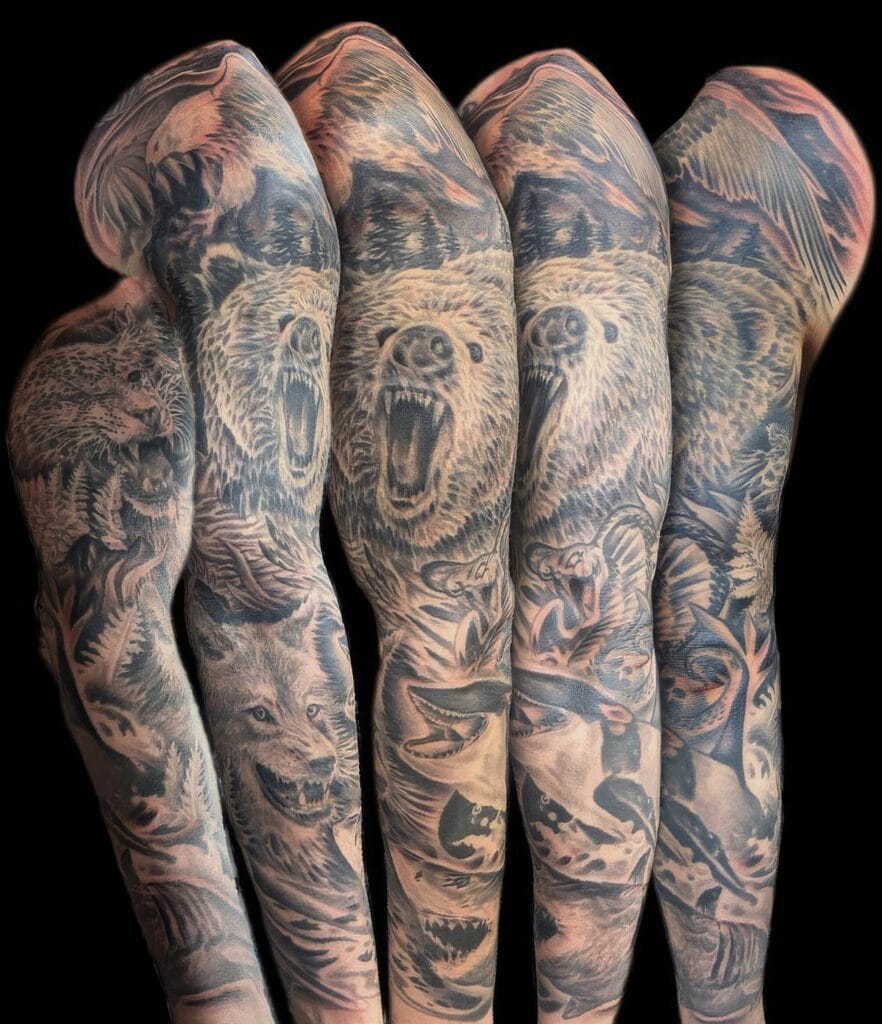 Four arms with detailed animal-themed tattoos, including bears, wolves, and birds, are displayed side by side against a plain black background.