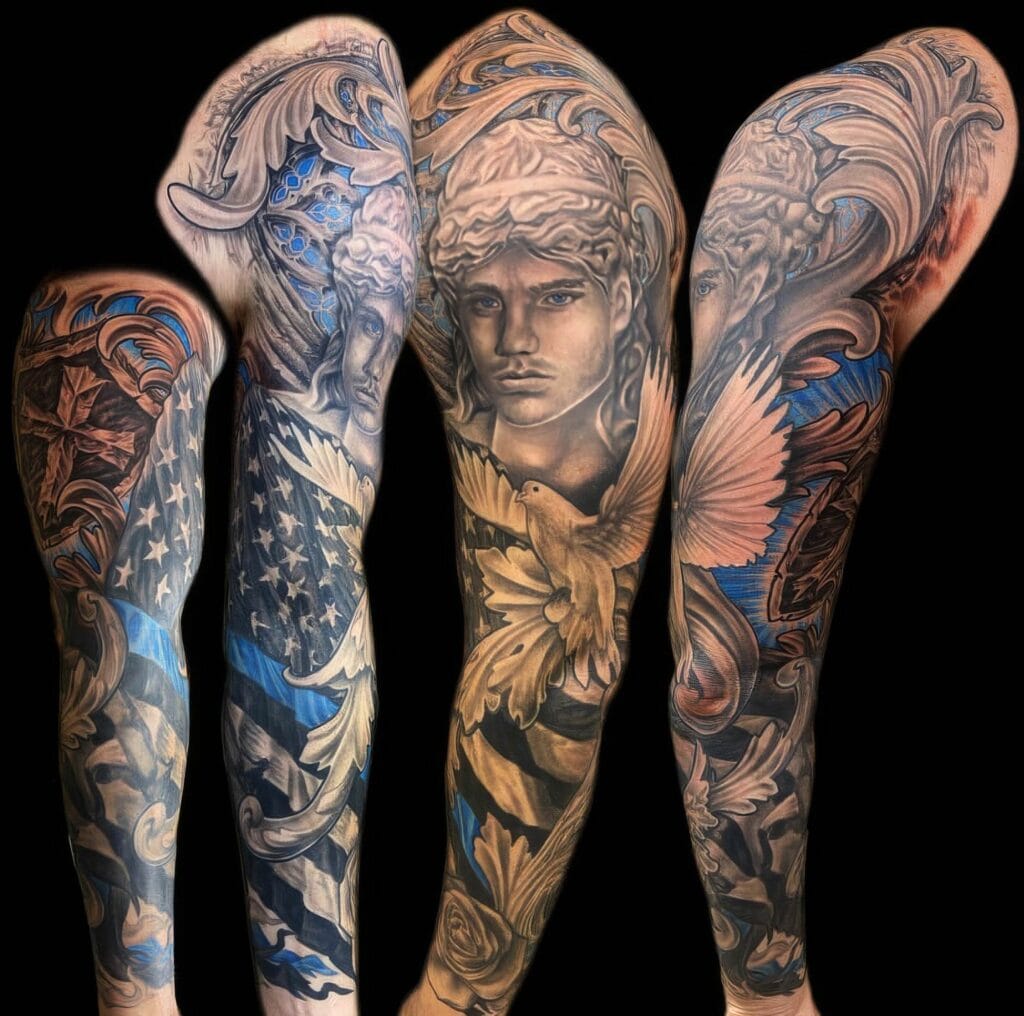 Four tattooed arms showcasing intricate designs including a realistic face, a bird, abstract patterns, and blue highlights.