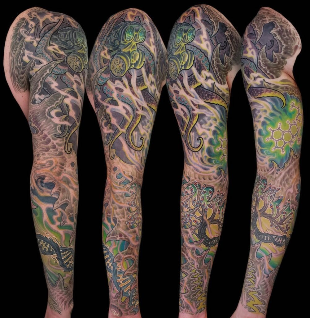 Four side-by-side views of a full-leg tattoo featuring colorful, intricate designs including a gas mask, horns, and abstract patterns.