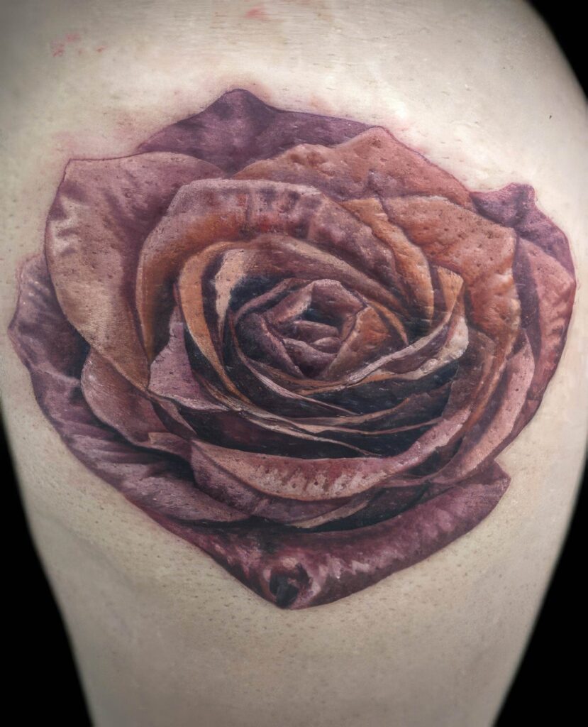 A realistic tattoo of a rose in shades of purple and brown is shown on pale skin.