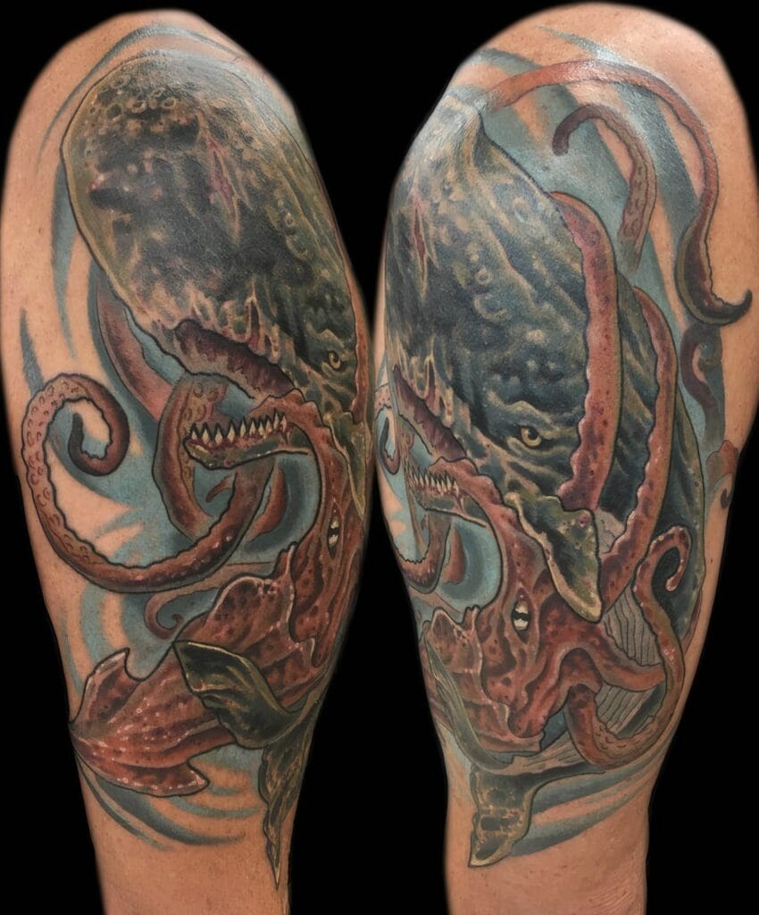 A detailed tattoo of a giant squid fighting a whale, covering an upper arm with vibrant colors and dynamic swirling patterns.