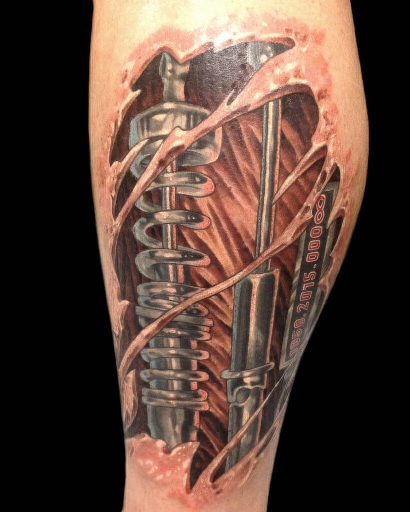 A tattoo on a person's leg depicts a mechanical structure with a metallic coil spring, rods, and wires, giving the appearance of exposed machinery underneath the skin.
