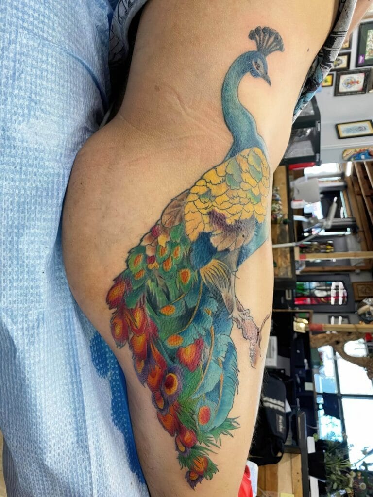 A colorful tattoo of a peacock with its tail feathers spread, displayed on the outer side of a person's thigh.