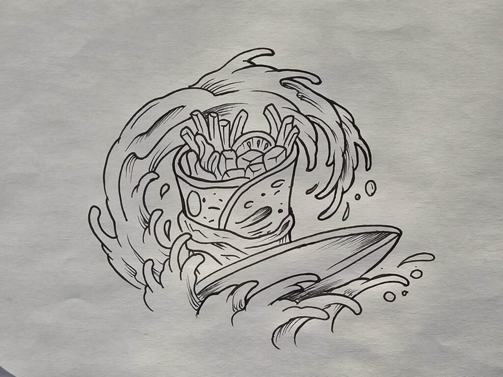 Black and white drawing of a fish riding a wave on a skateboard with its mouth open, showing sharp teeth.