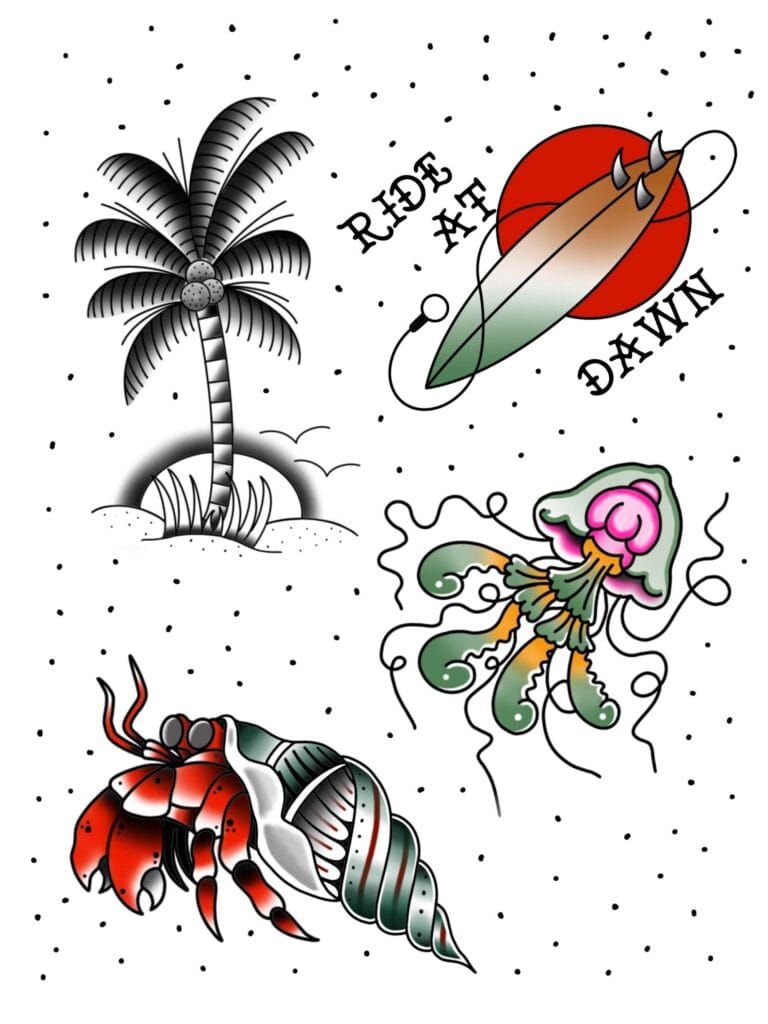 A tropical tattoo flash sheet featuring a palm tree, surfboard with "RIDE AT DAWN" text, jellyfish, and hermit crab, all in vibrant colors with a dotted background.