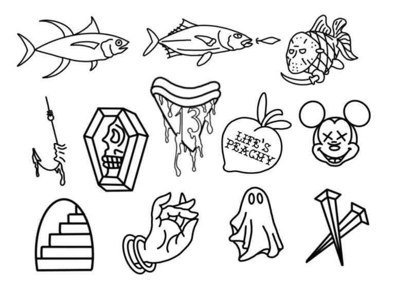 Collection of various black and white tattoo-style illustrations including fish, skull in a coffin, dripping liquid, apple with "Life's Peachy" text, Mickey Mouse face, snake, and other objects.