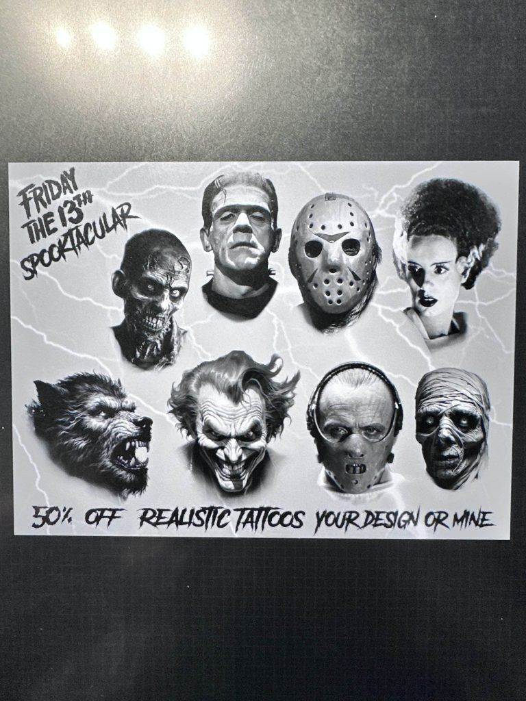 Poster advertising Friday the 13th tattoo specials with illustrations of iconic horror characters, offering 50% off realistic tattoos with the text "Your design or mine.