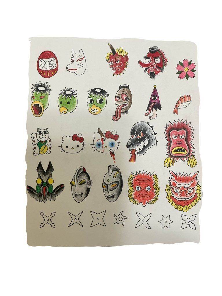 A grid of colorful, hand-drawn faces and symbols, including various masks, Hello Kitty faces, shuriken, and other designs reminiscent of Friday the 13th specials, arranged in five rows on a white background.