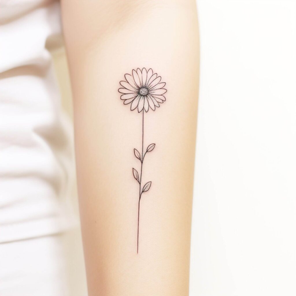 A simple line art tattoo of a daisy with leaves on a person's forearm.