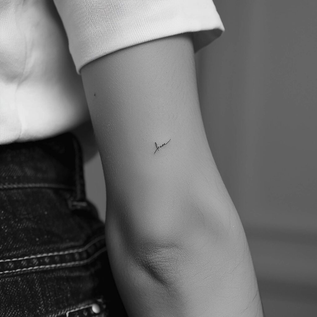 Close-up of a person's arm showing a small tattoo with the word "love" written in cursive near the inner elbow. The person is wearing a white shirt and dark jeans.