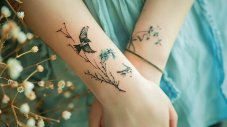 Tattoo of a bird, branches, and flowers on a persons forearm, with another arm showing a leaf design.
