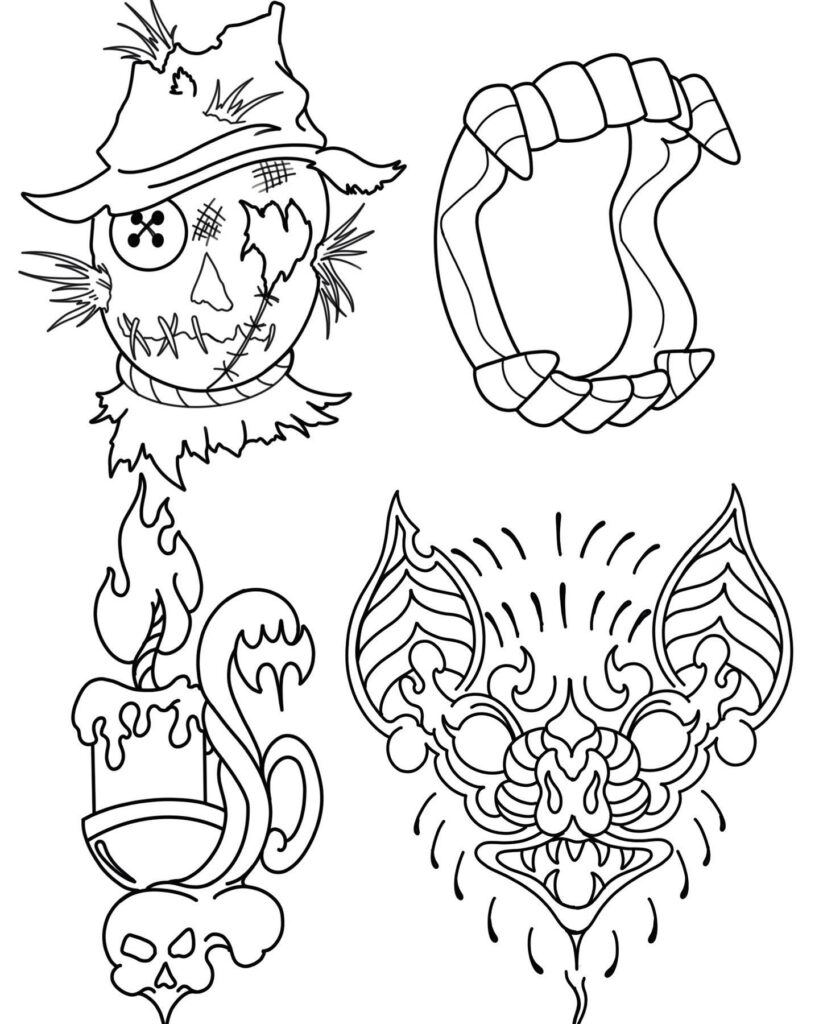 Line art featuring a scarecrow head, fang-like teeth, a candle with skull base, and a bat with wings spread.