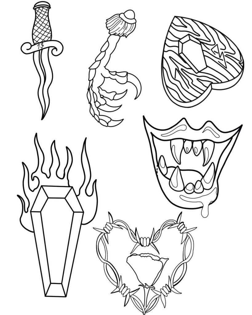 Collection of six tattoo designs: dagger, scorpion tail, heart with lightning, fanged mouth, flaming coffin, and barbed wire heart with a rose.