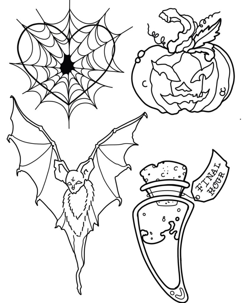 Illustrations of a spider web, a grinning jack-o'-lantern, a bat with spread wings, and a potion bottle labeled "Final Hour.