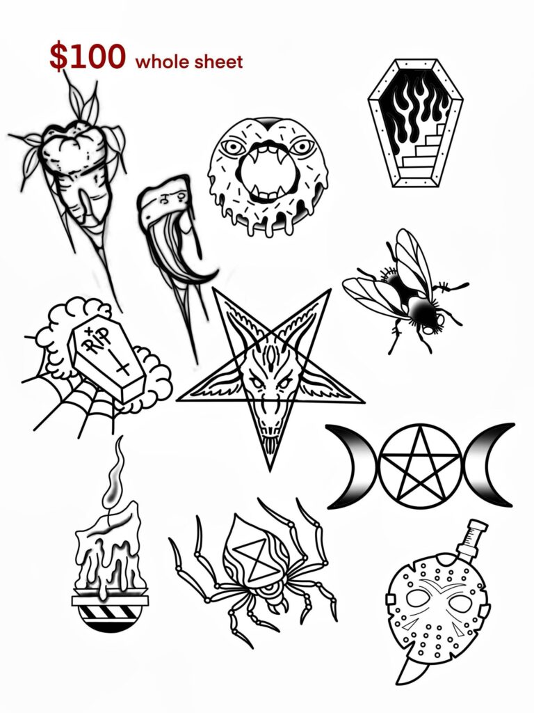 Various black line art tattoo designs, including a heart, moon phases, spider, fly, goat's head pentagram, and more. A "$100 whole sheet" price tag is visible.